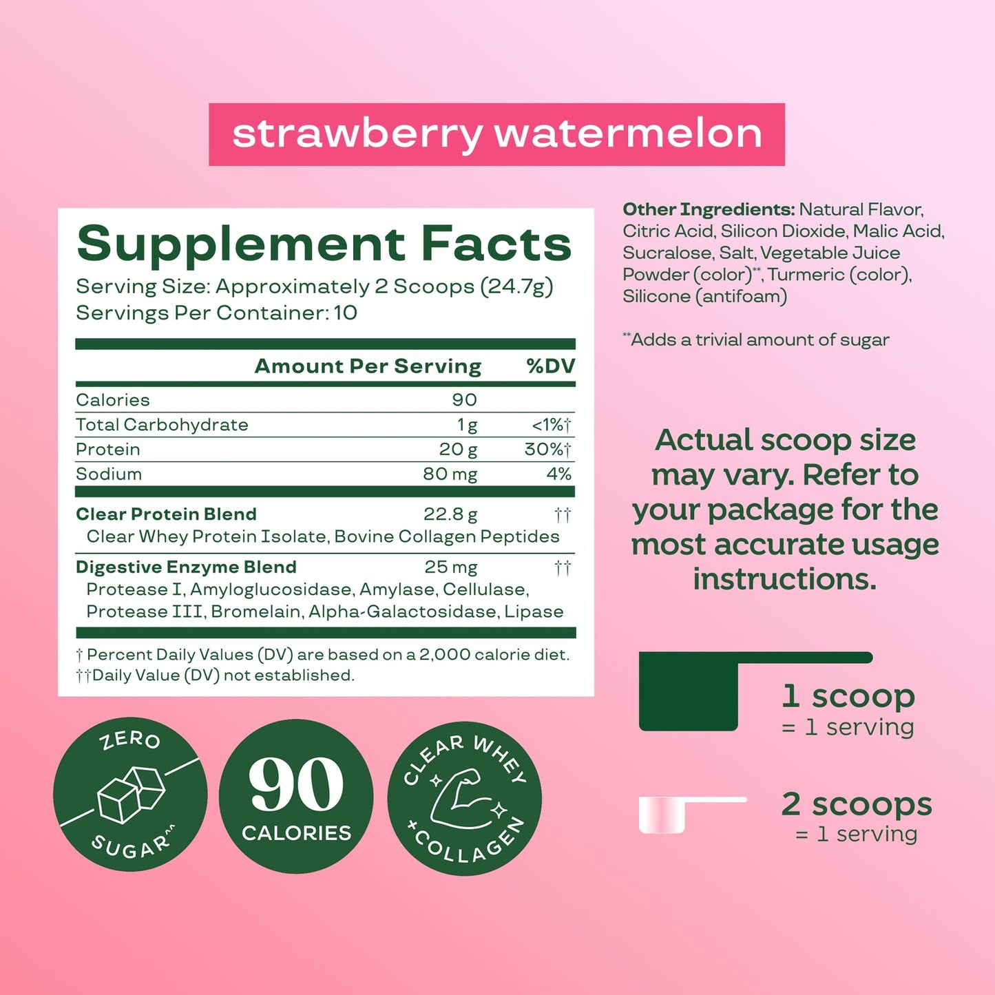Clear Whey Protein, Strawberry Watermelon, 10 Servings | Whey Protein Isolate with Collagen Peptides & Digestive Enzymes, 20g Protein, Sugar Free Post Workout Drink Mix, 90 Calories