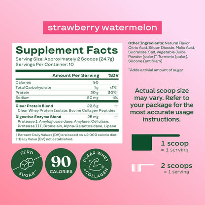 Clear Whey Protein, Strawberry Watermelon, 10 Servings | Whey Protein Isolate with Collagen Peptides & Digestive Enzymes, 20g Protein, Sugar Free Post Workout Drink Mix, 90 Calories